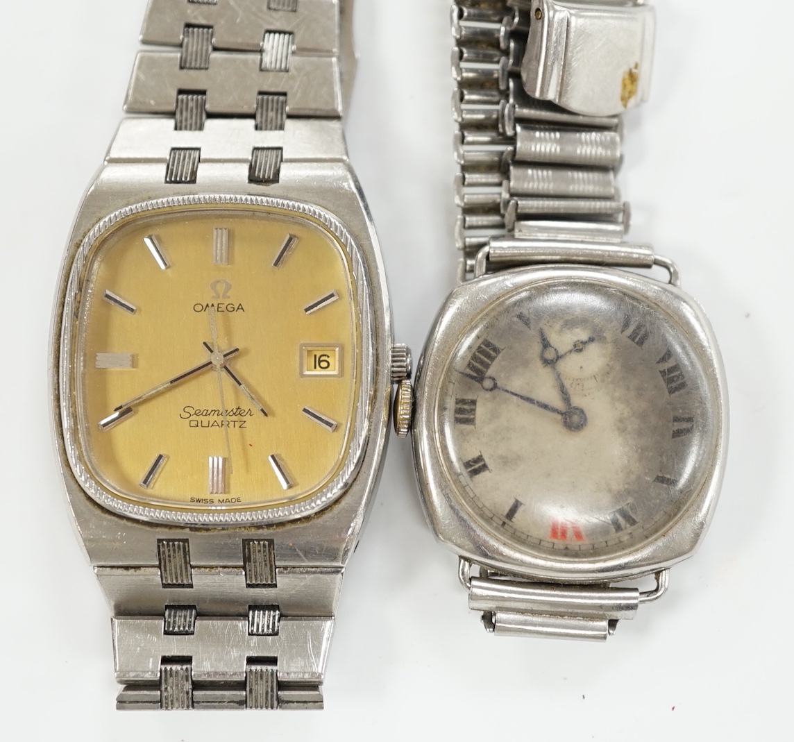 A gentleman's stainless steel Omega Seamaster quartz wrist watch, on Omega bracelet, no box or papers and a gentleman's early 20th century steel Longines manual wind wrist watch.